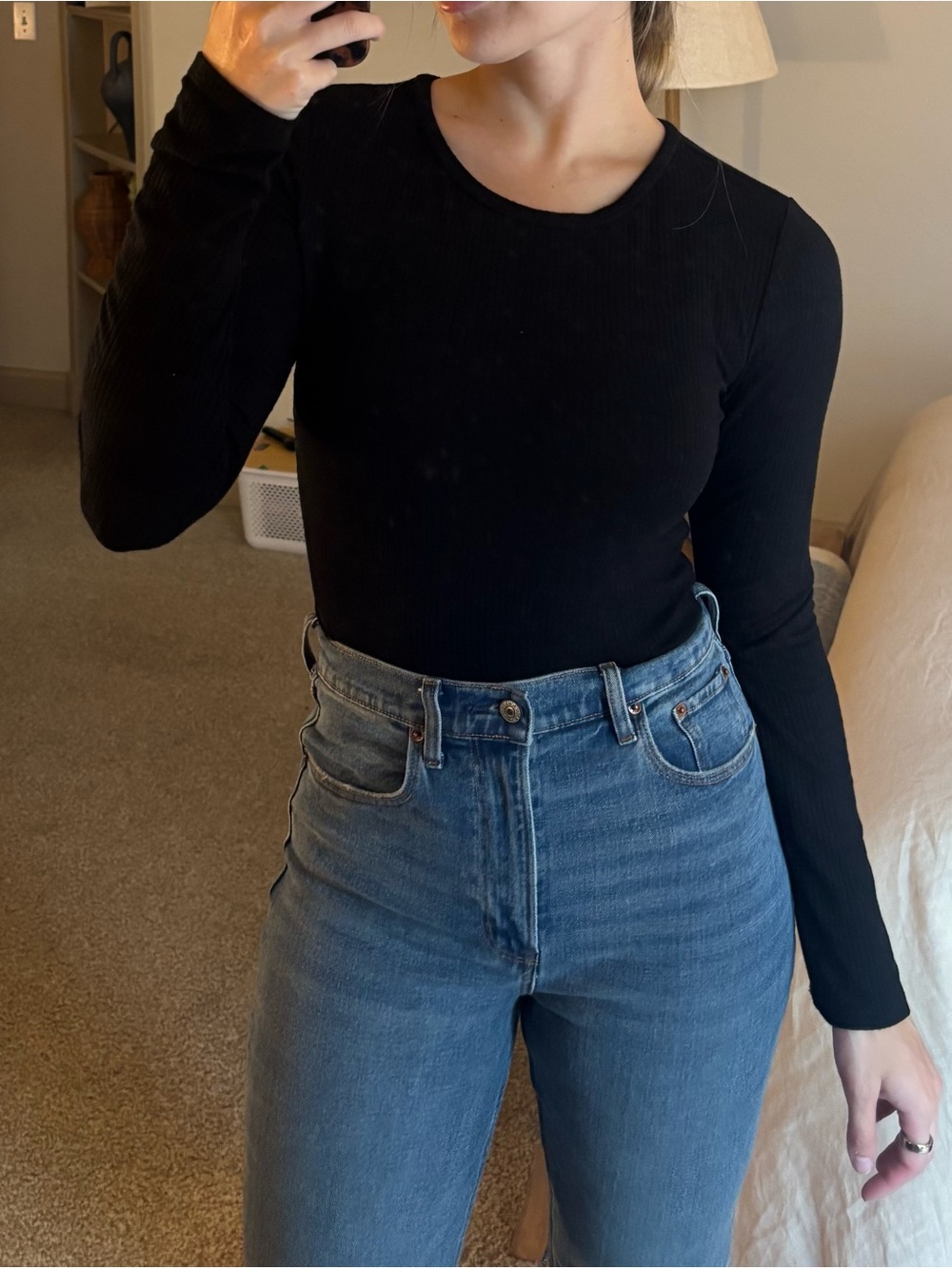 Women's Black Long-Sleeve Ribbed Crewneck bodysuit